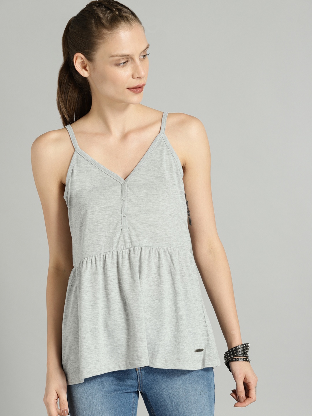 

Roadster Women Grey Melange Solid Pure Cotton Top