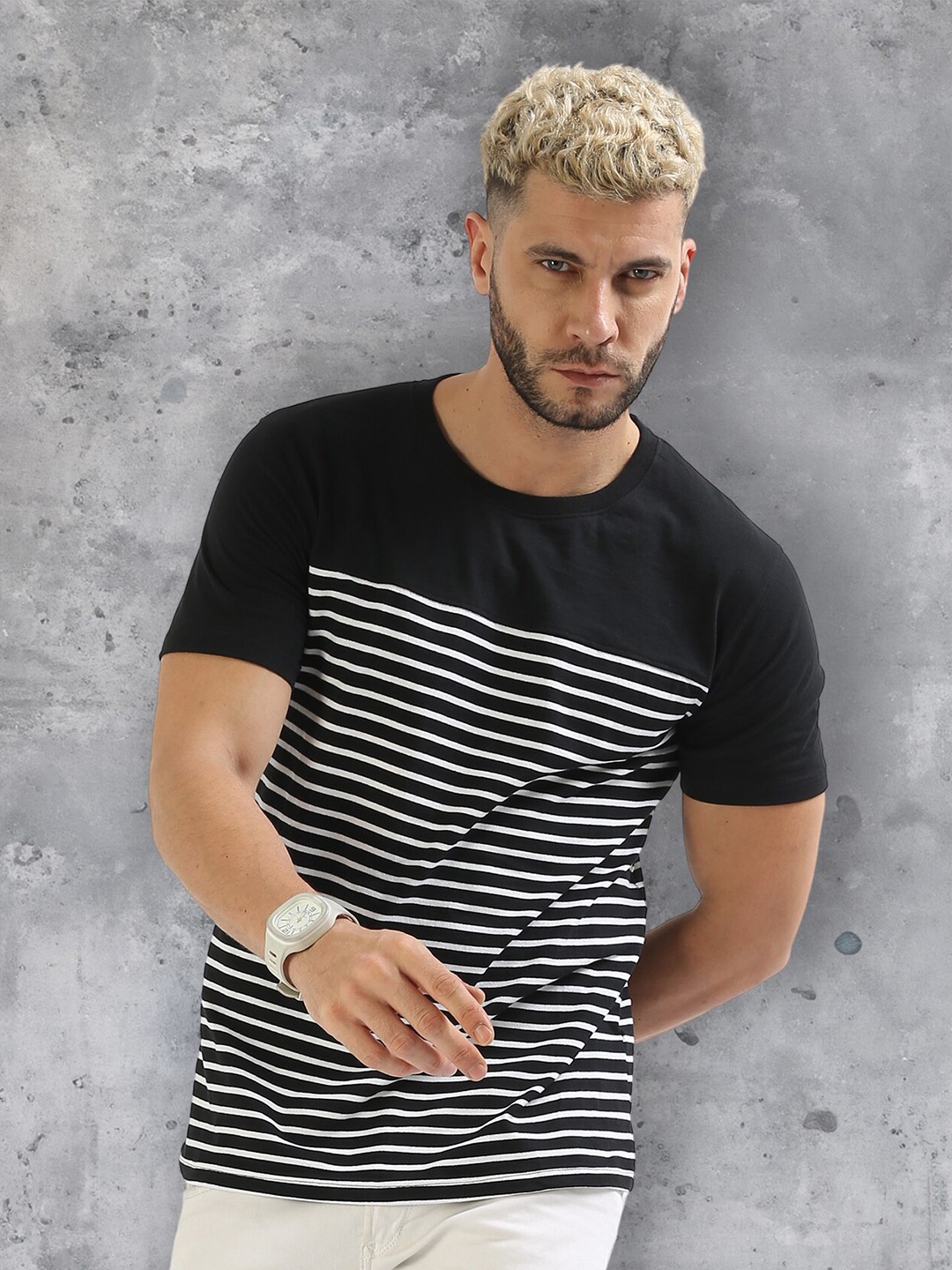 

fanideaz Striped Round Neck T-shirt, Black