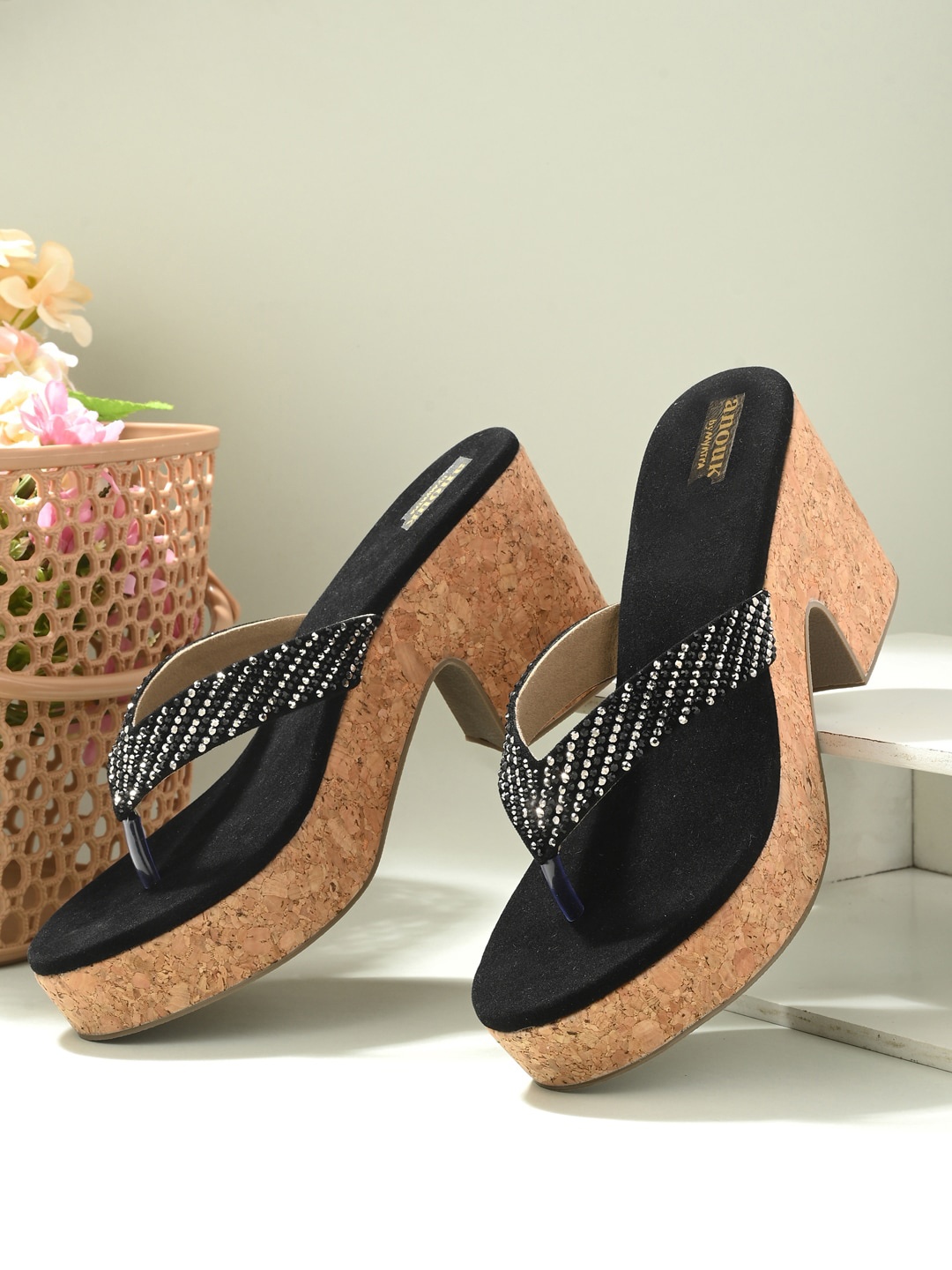 

Anouk Black Ethnic Embellished Open Toe Block Heels