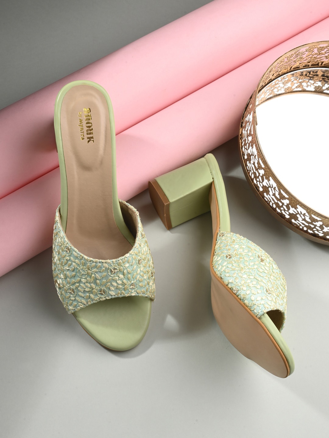 

Anouk Lime Green Ethnic Embellished Open Toe Block Heels