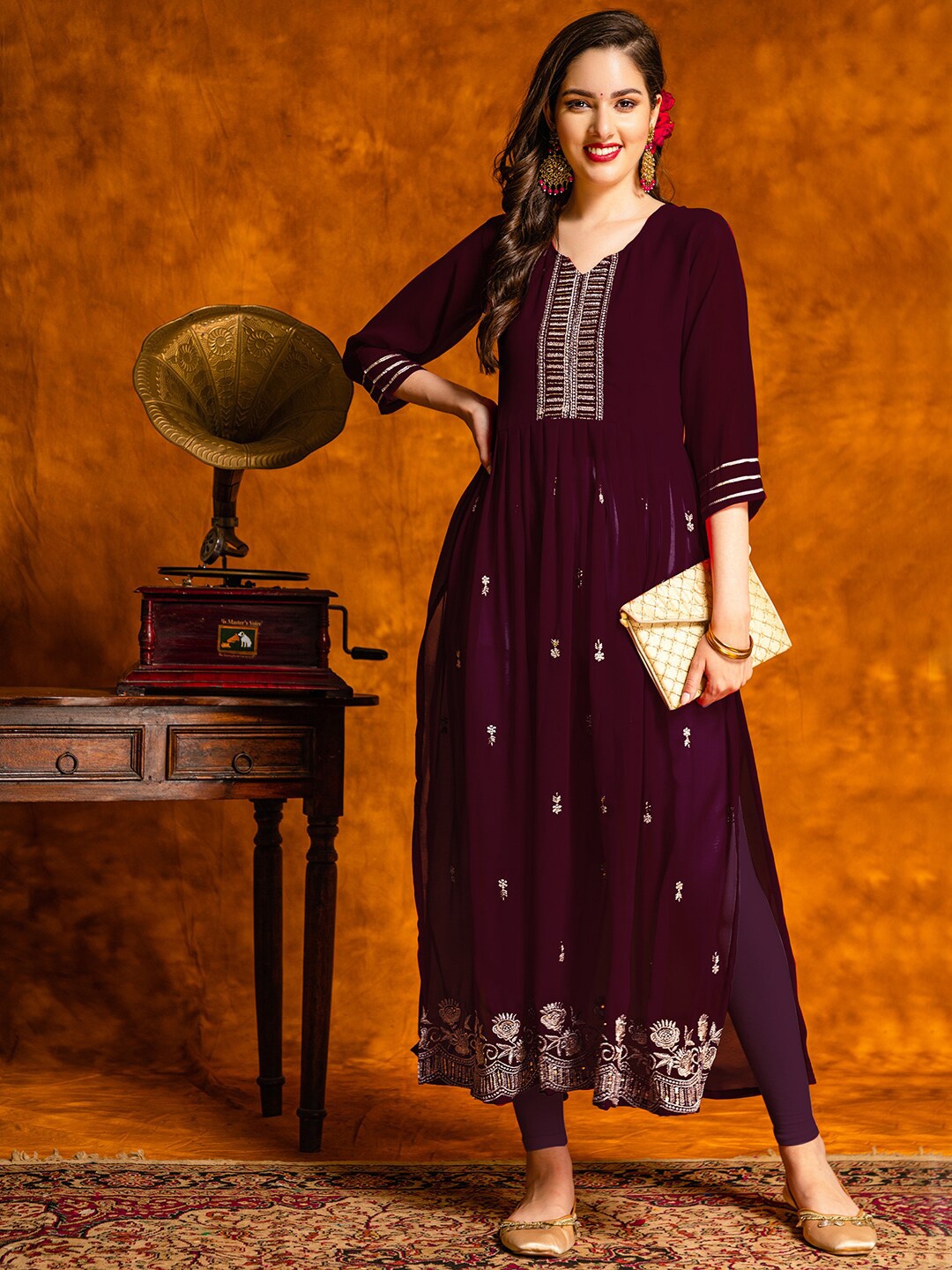 

KALINI Floral Embroidered Thread Work Pleated Georgette Kurta, Purple
