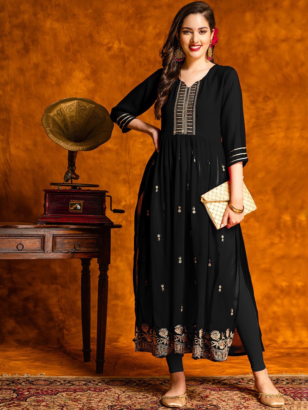 

KALINI Ethnic Motifs Embroidered Thread Work Georgette Kurta, Black