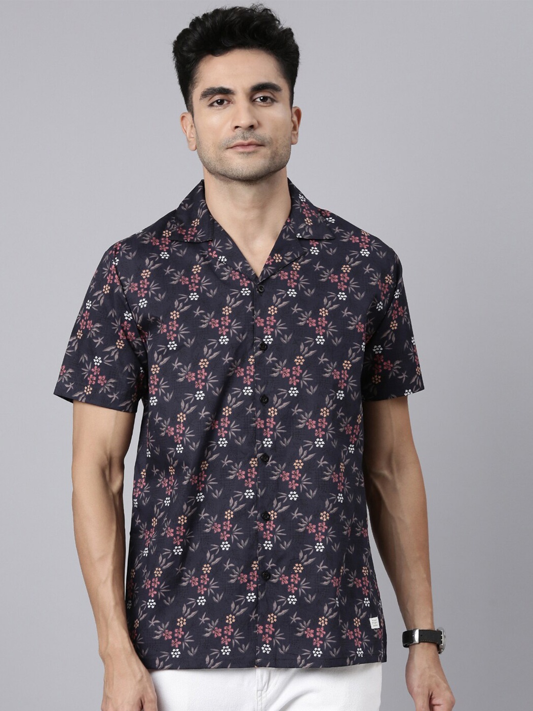 

Joven Slim Fit Floral Printed Cuban Collar Cotton Casual Shirt, Navy blue