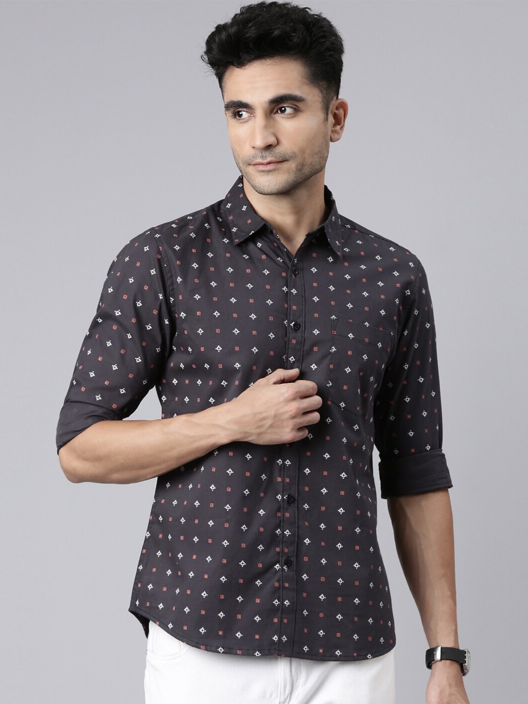 

Joven Geometric Printed Slim Fit Cotton Casual Shirt, Grey