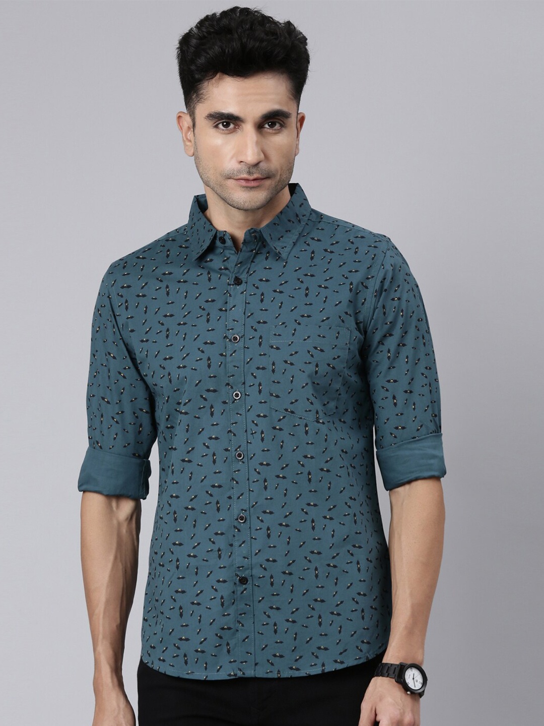 

Joven Conversational Printed Slim Fit Cotton Casual Shirt, Blue