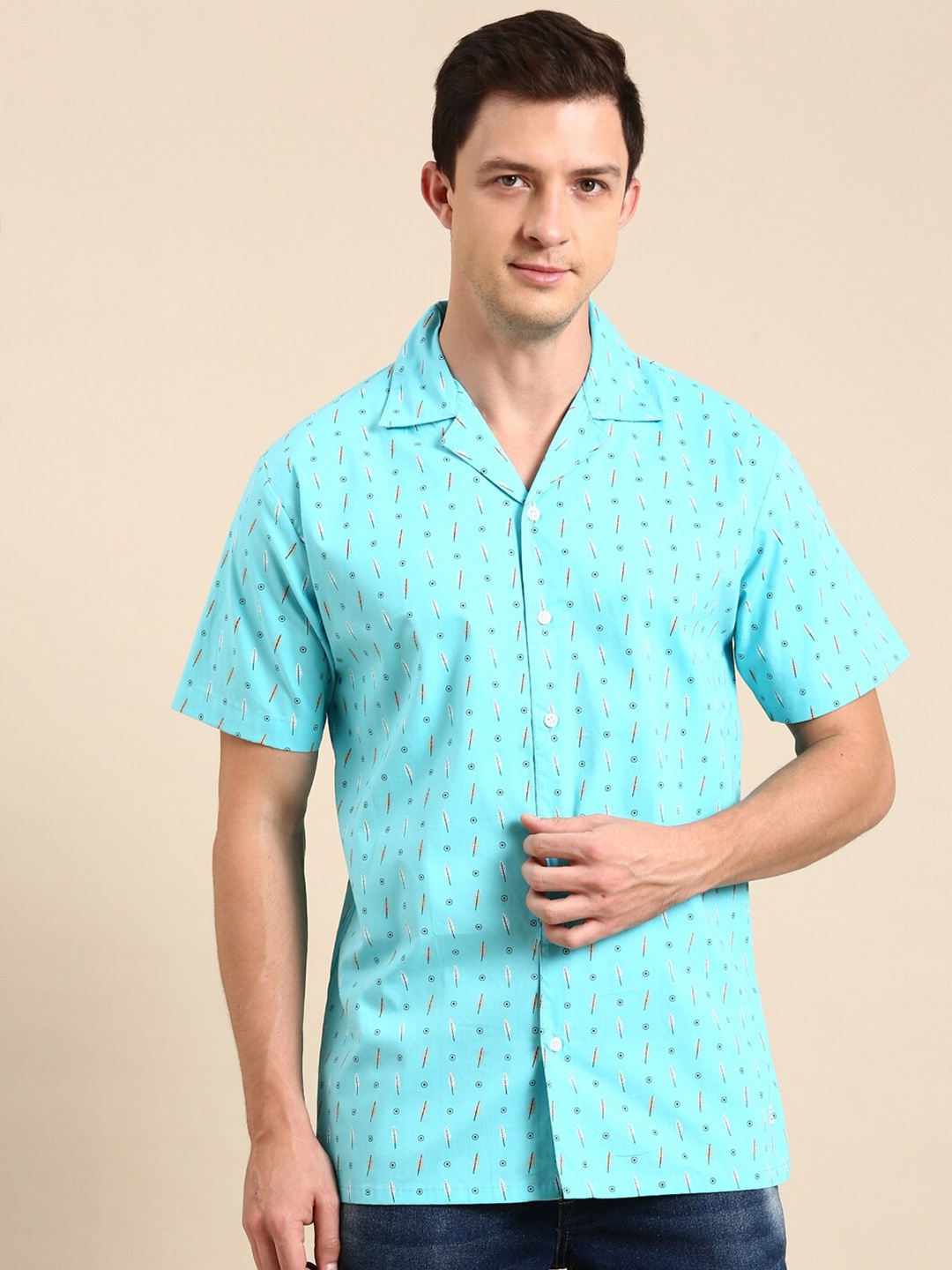 

Joven Slim Fit Conversational Printed Cuban Collar Cotton Casual Shirt, Sea green