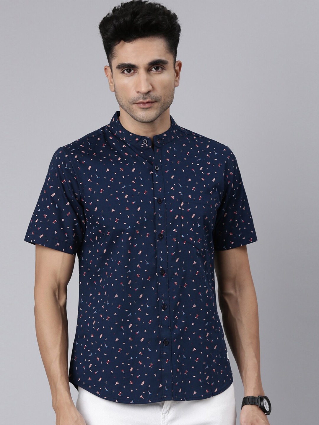 

Joven Slim Fit Conversational Printed Band Collar Chest Pocket Cotton Casual Shirt, Navy blue