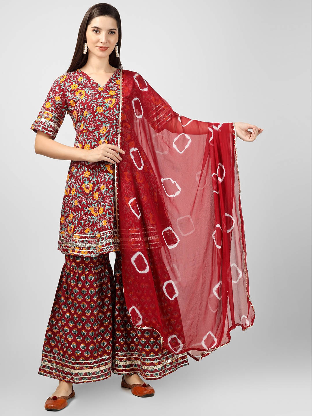 

CELEBRAVO Floral Printed Gotta Patti Pure Cotton Kurta with Sharara & Dupatta, Maroon