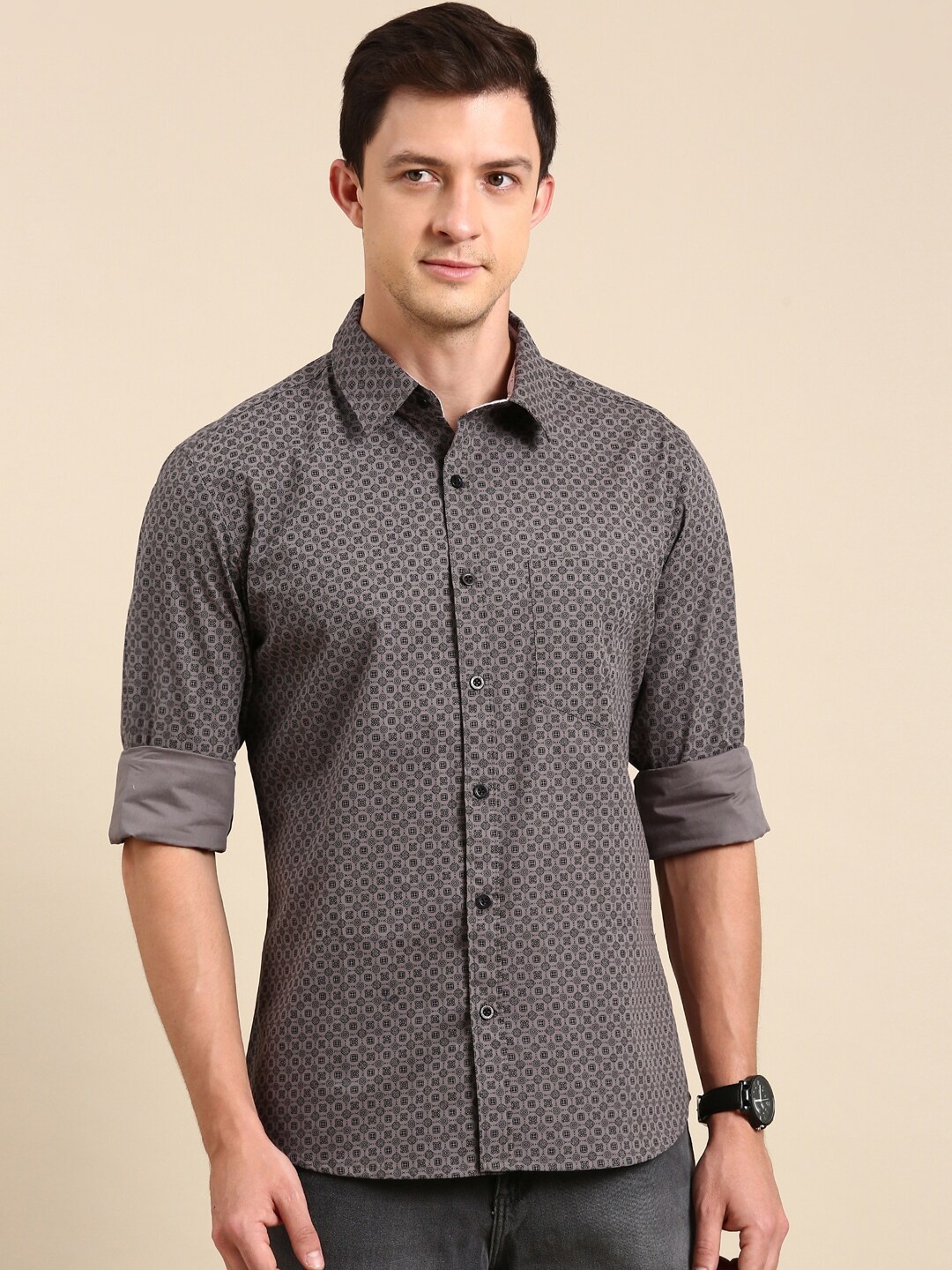 

Joven Slim Fit Micro Ditsy Printed Cotton Casual Shirt, Grey