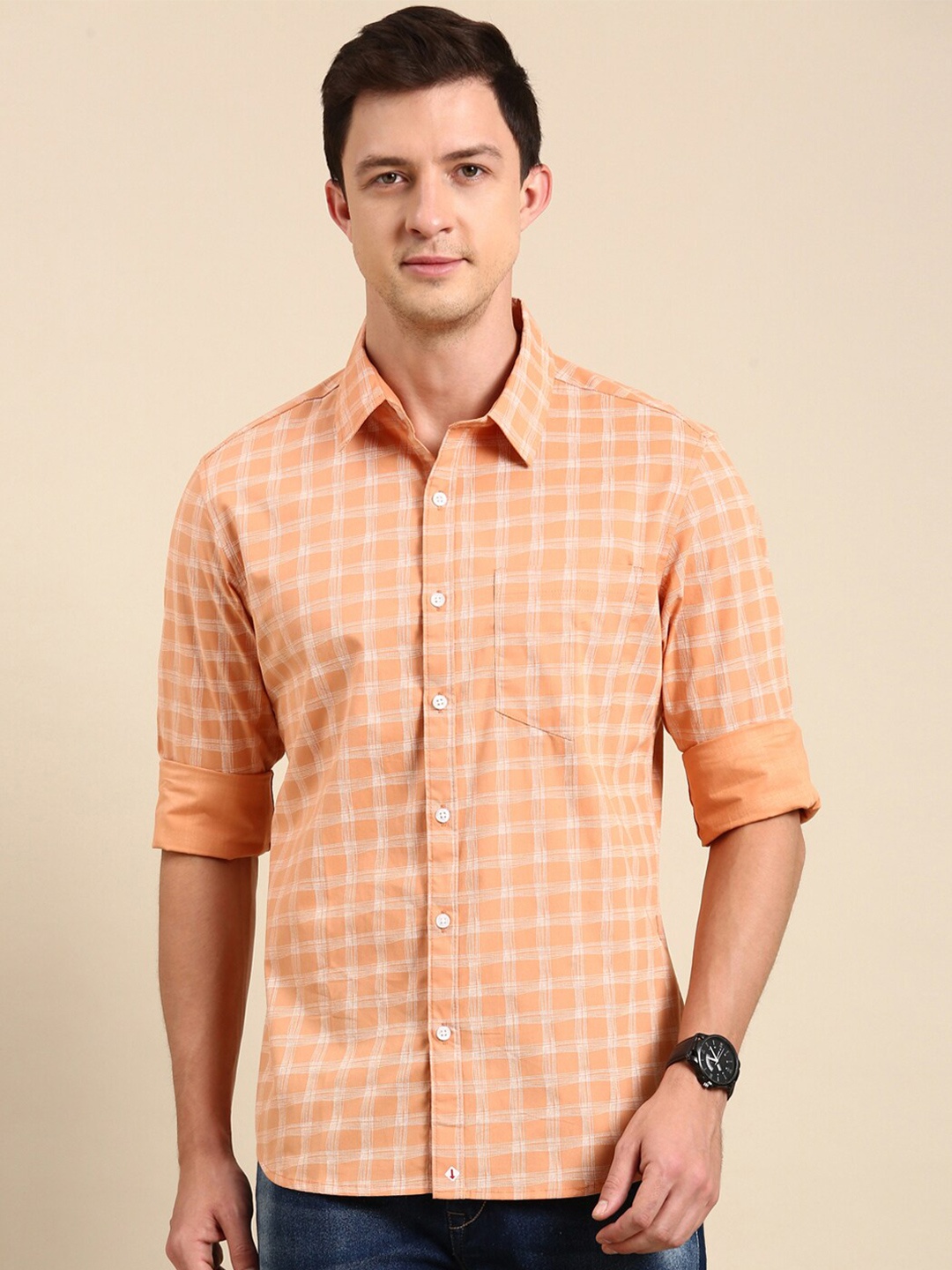 

Joven Slim Fit Checked Cotton Casual Shirt, Orange