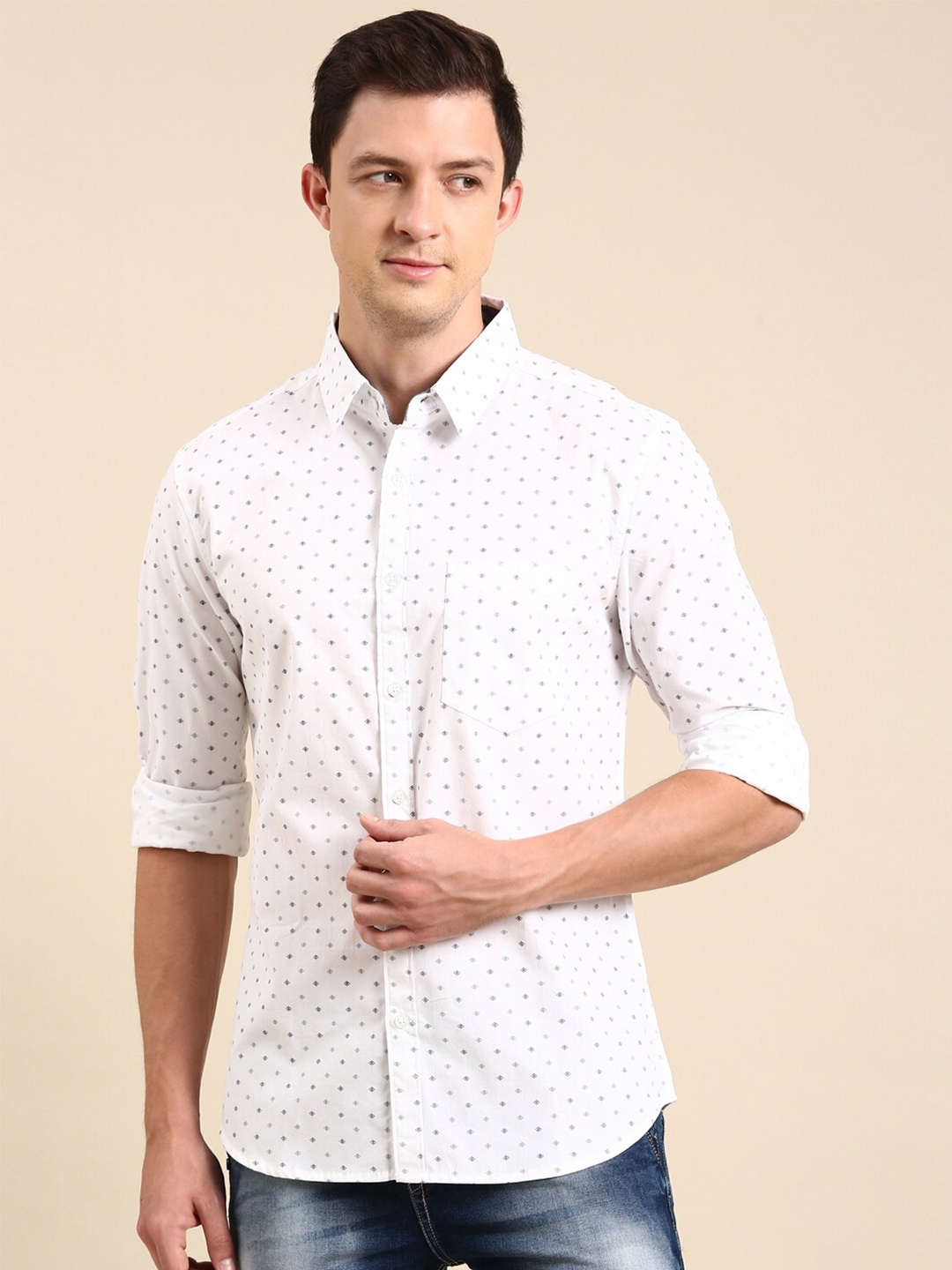 

Joven Slim Fit Micro Ditsy Printed Spread Collar Long Sleeves Cotton Casual Shirt, White