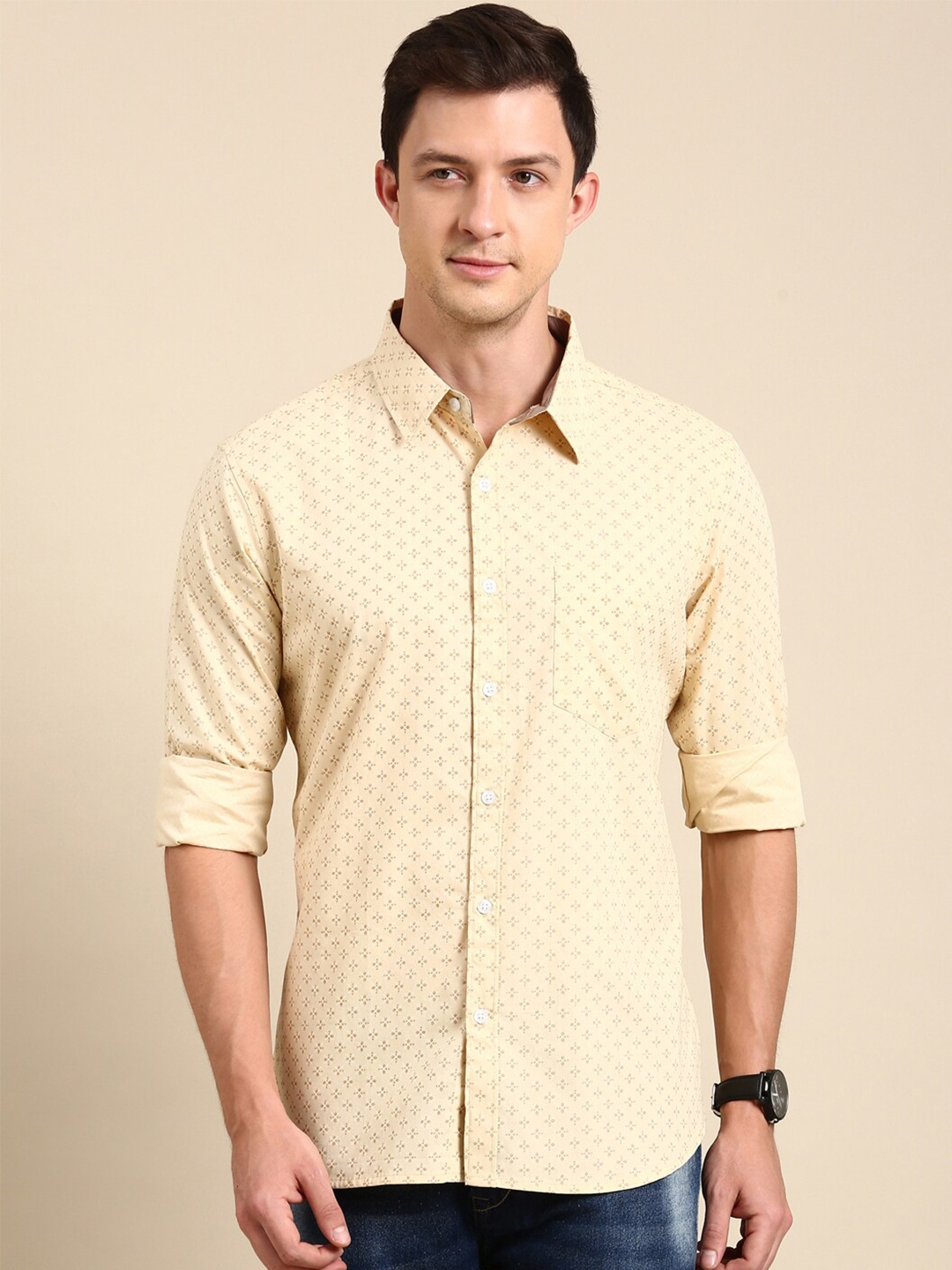 

Joven Micro Ditsy Printed Slim Fit Cotton Casual Shirt, Beige