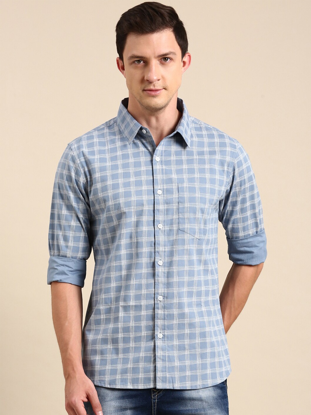 

Joven Slim Fit Checked Spread Collar Long Sleeves Cotton Casual Shirt, Blue
