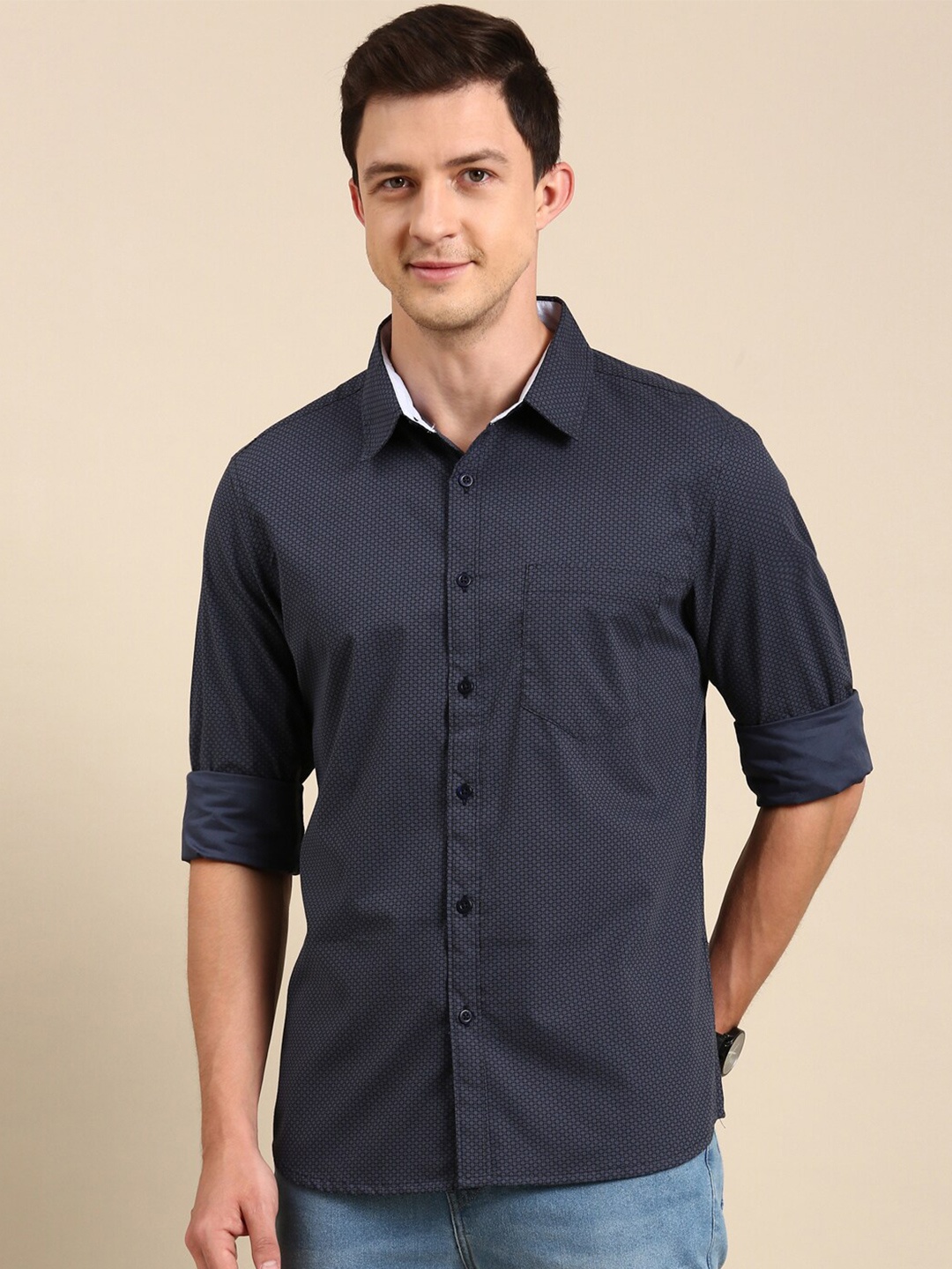 

Joven Slim Fit Micro Ditsy Printed Spread Collar Long Sleeves Cotton Casual Shirt, Navy blue