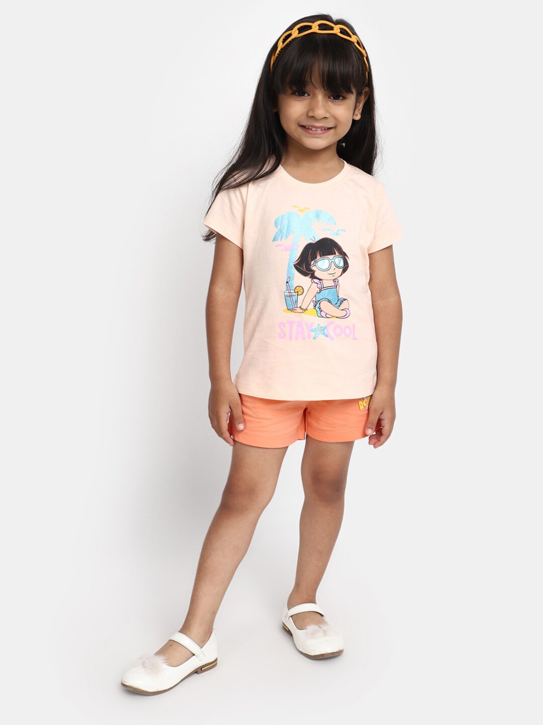 

V-Mart Girls Graphic Printed Pure Cotton T-shirt with Shorts, Orange