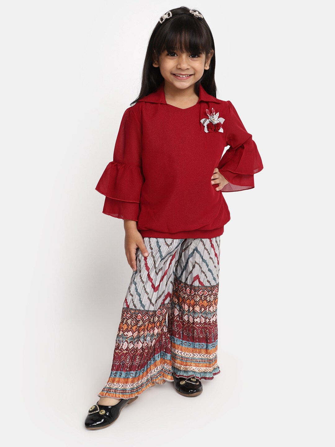 

V-Mart Girls Printed Top with Trousers, Maroon