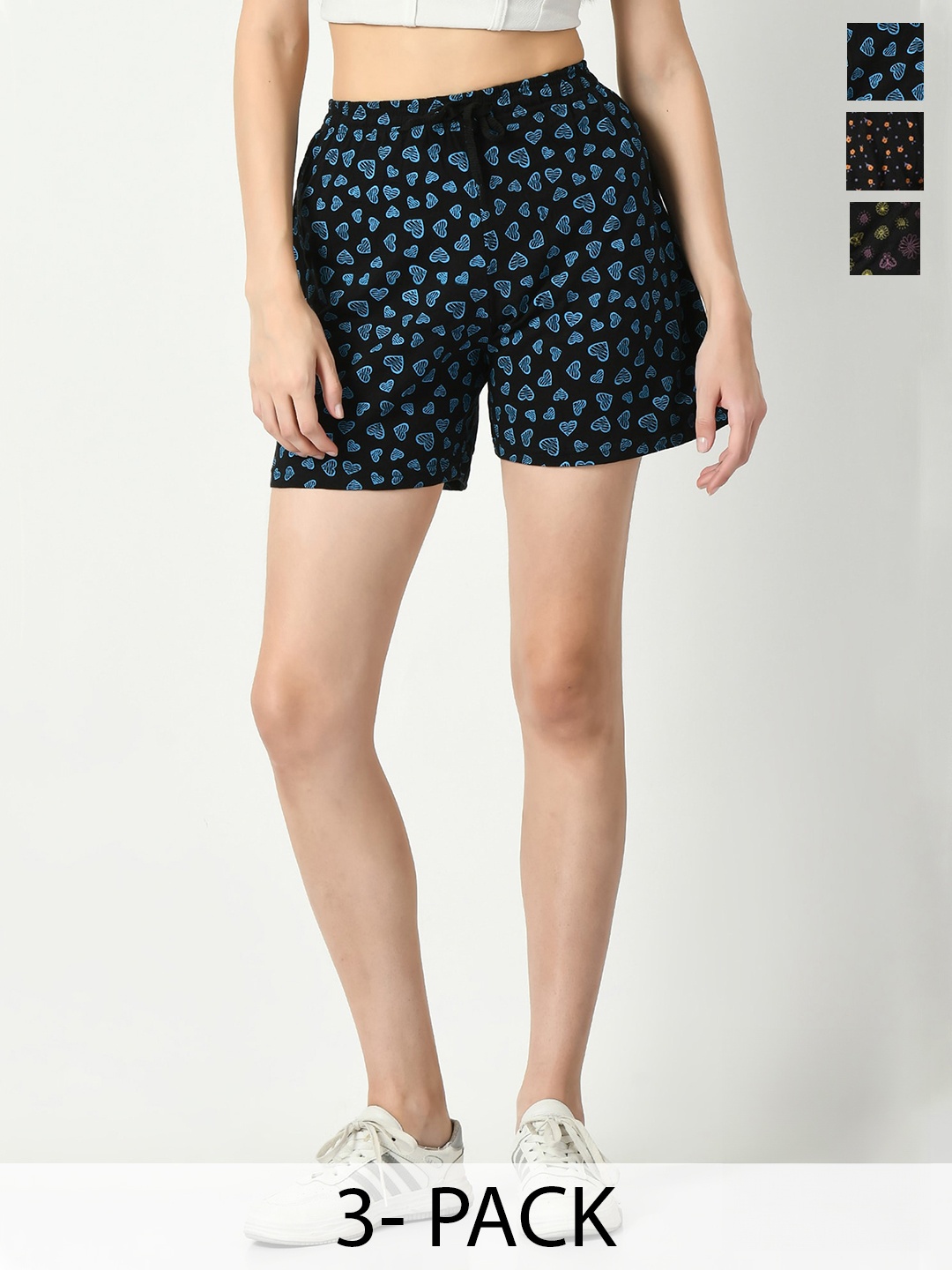

IndiWeaves Women Pack Of 3 Conversational Printed Cotton Shorts, Black