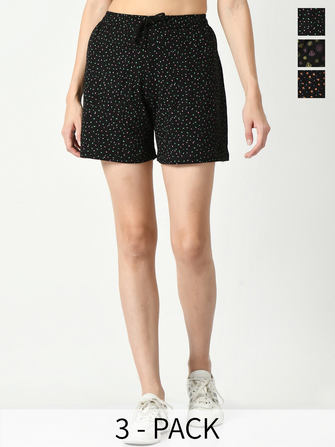 

IndiWeaves Women Pack Of 3 Printed High-Rise Cotton Regular Shorts, Black