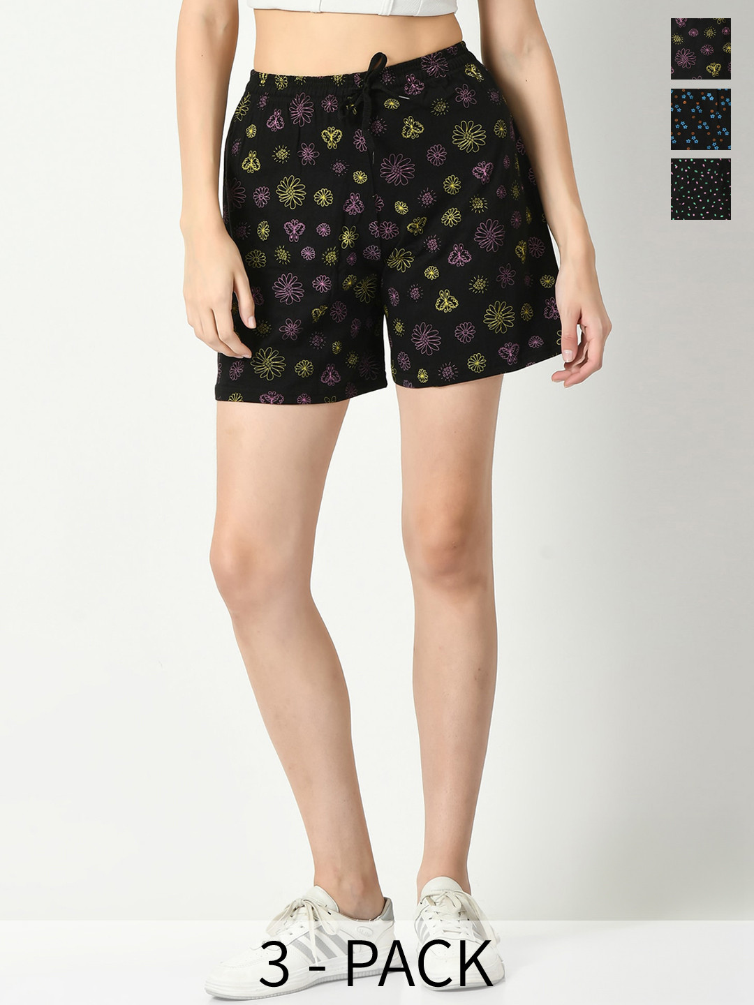 

IndiWeaves Pack of 3 Women Conversational Printed High-Rise Cotton Shorts, Black