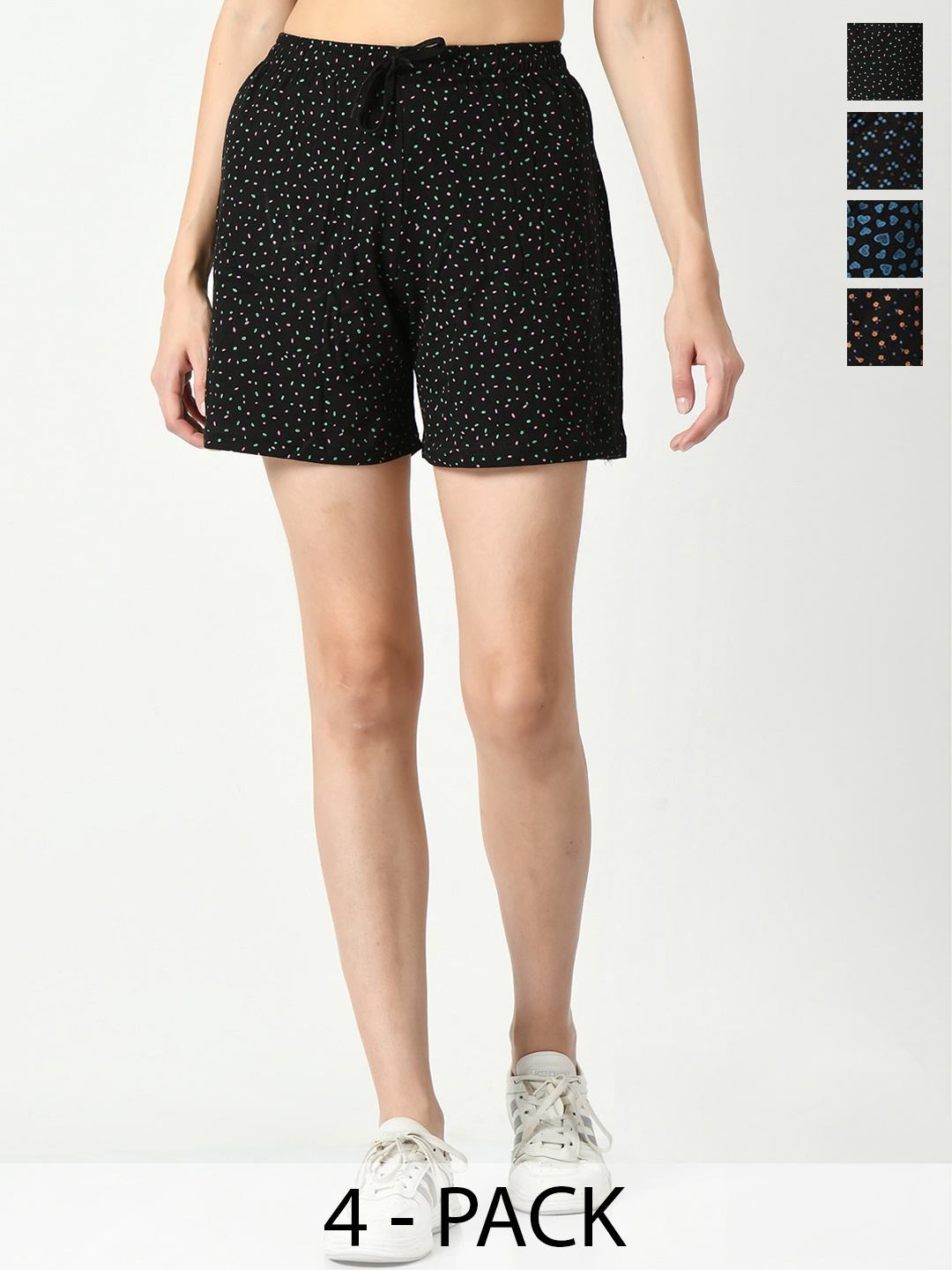 

IndiWeaves Pack of 4 Women Conversational Printed High-Rise Cotton Shorts, Black