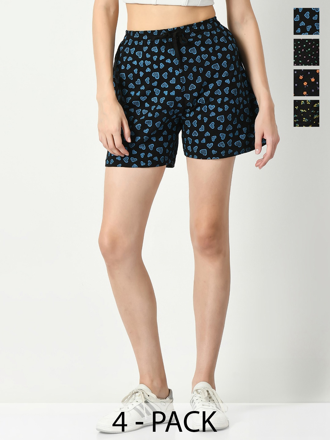 

IndiWeaves Women Pack Of 4 Floral Printed Pure Cotton Hot Pants Shorts, Black