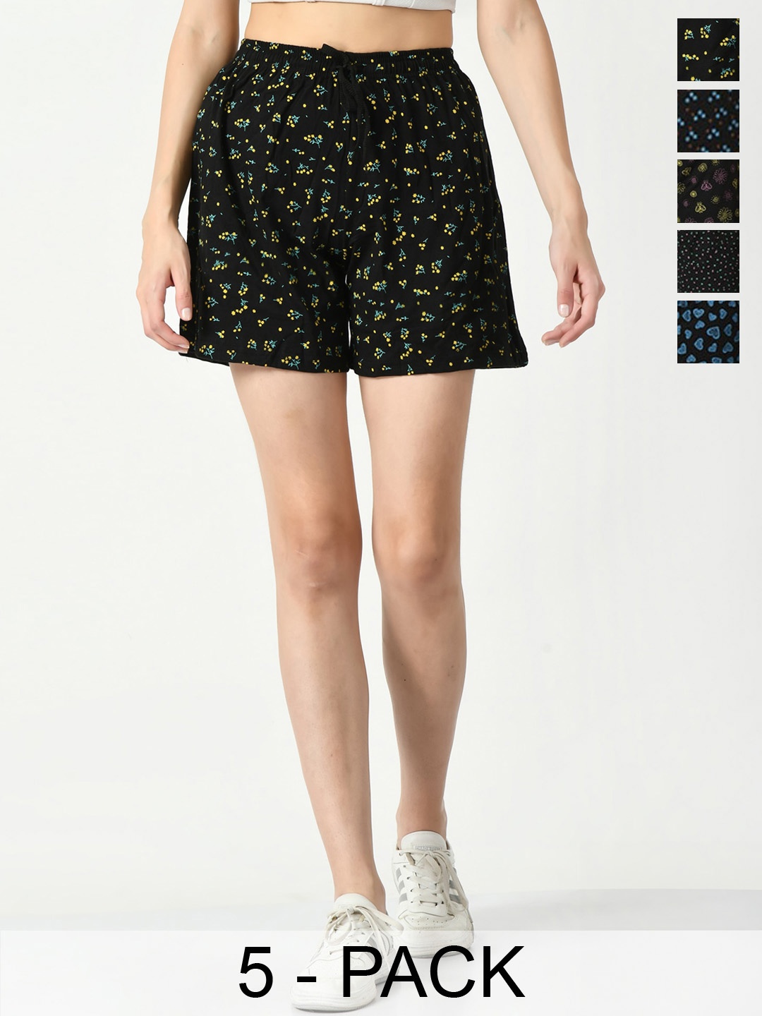

IndiWeaves Pack of 5 Women Conversational Printed High-Rise Cotton Shorts, Black