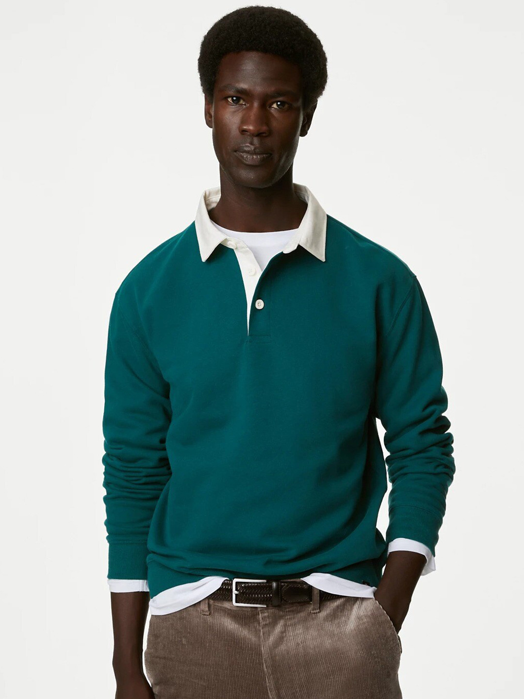

Marks & Spencer Shirt Collar Pure Cotton Pullover Sweatshirt, Green