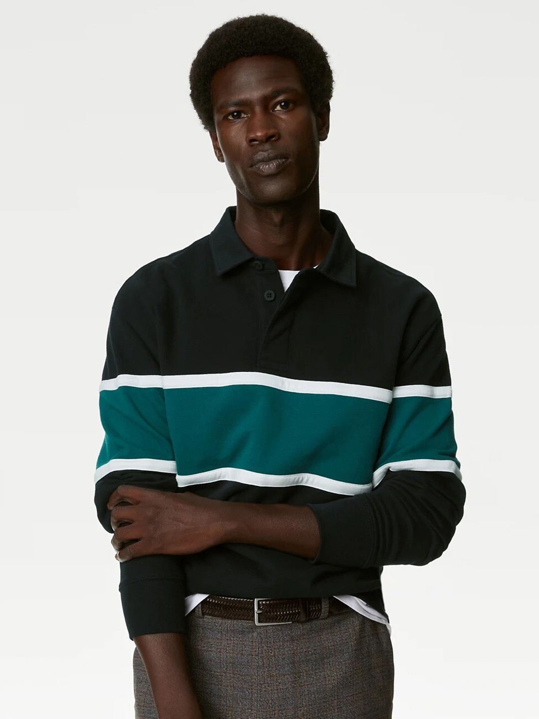 

Marks & Spencer Colourblocked Shirt Collar Pure Cotton Pullover Sweatshirt, Black