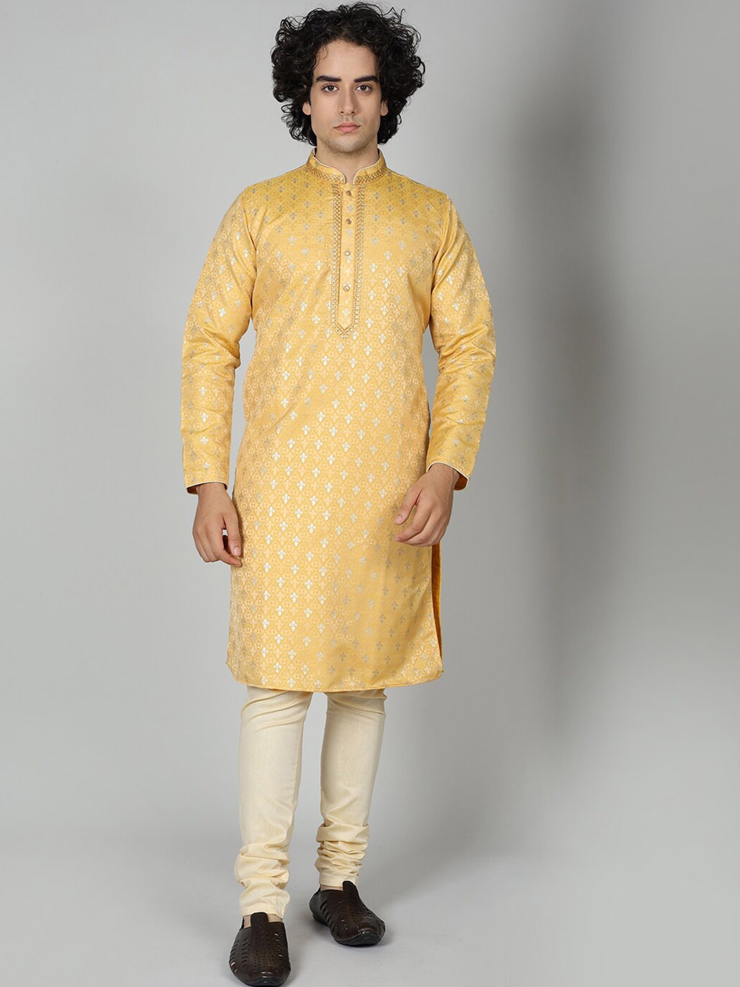 

MAAHI FABS Ethnic Motifs Woven Design Jacquard Straight Kurta, Yellow