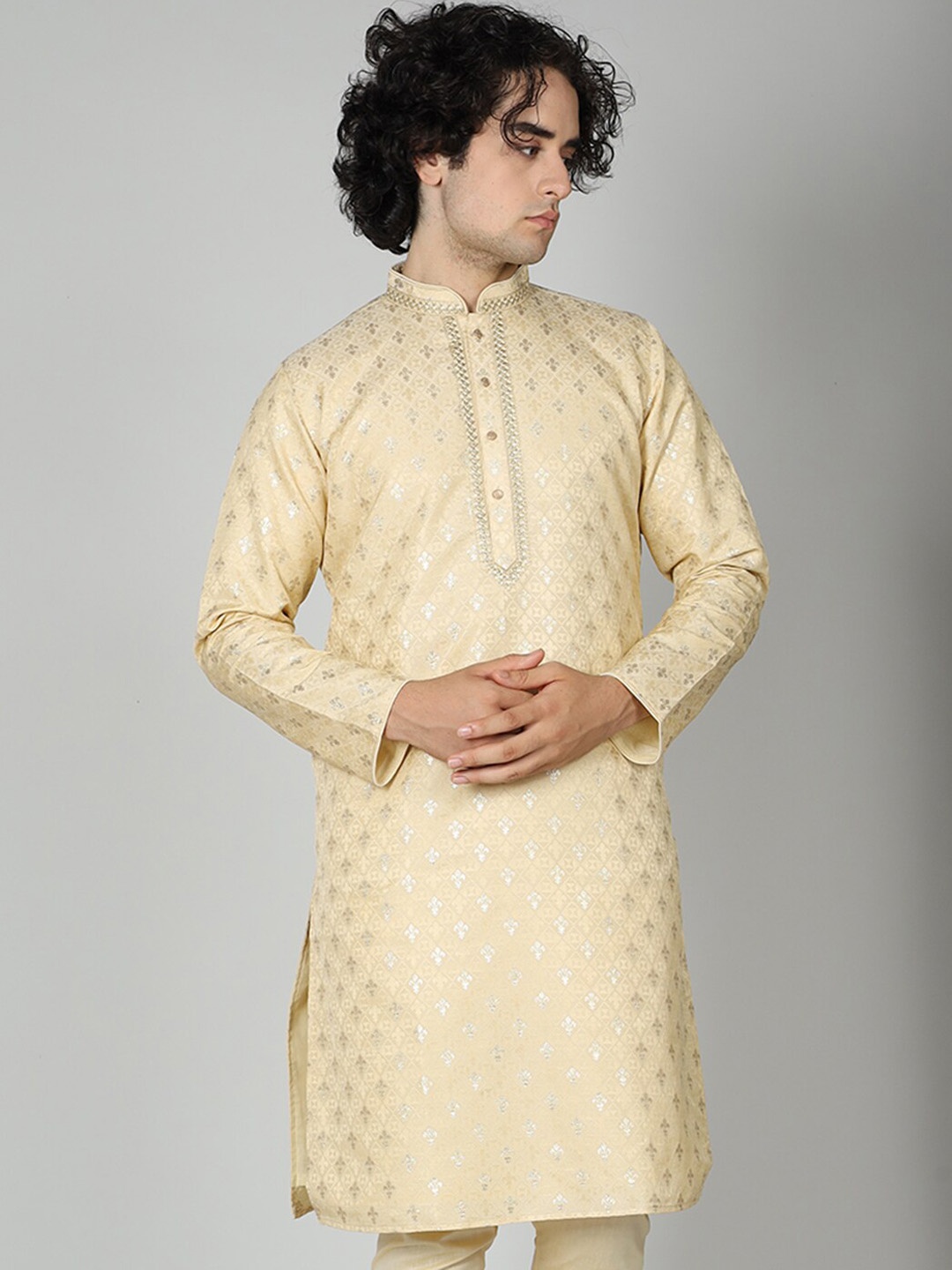 

MAAHI FABS Woven Design Mandarin Collar Zari Jacquard Kurta, Beige