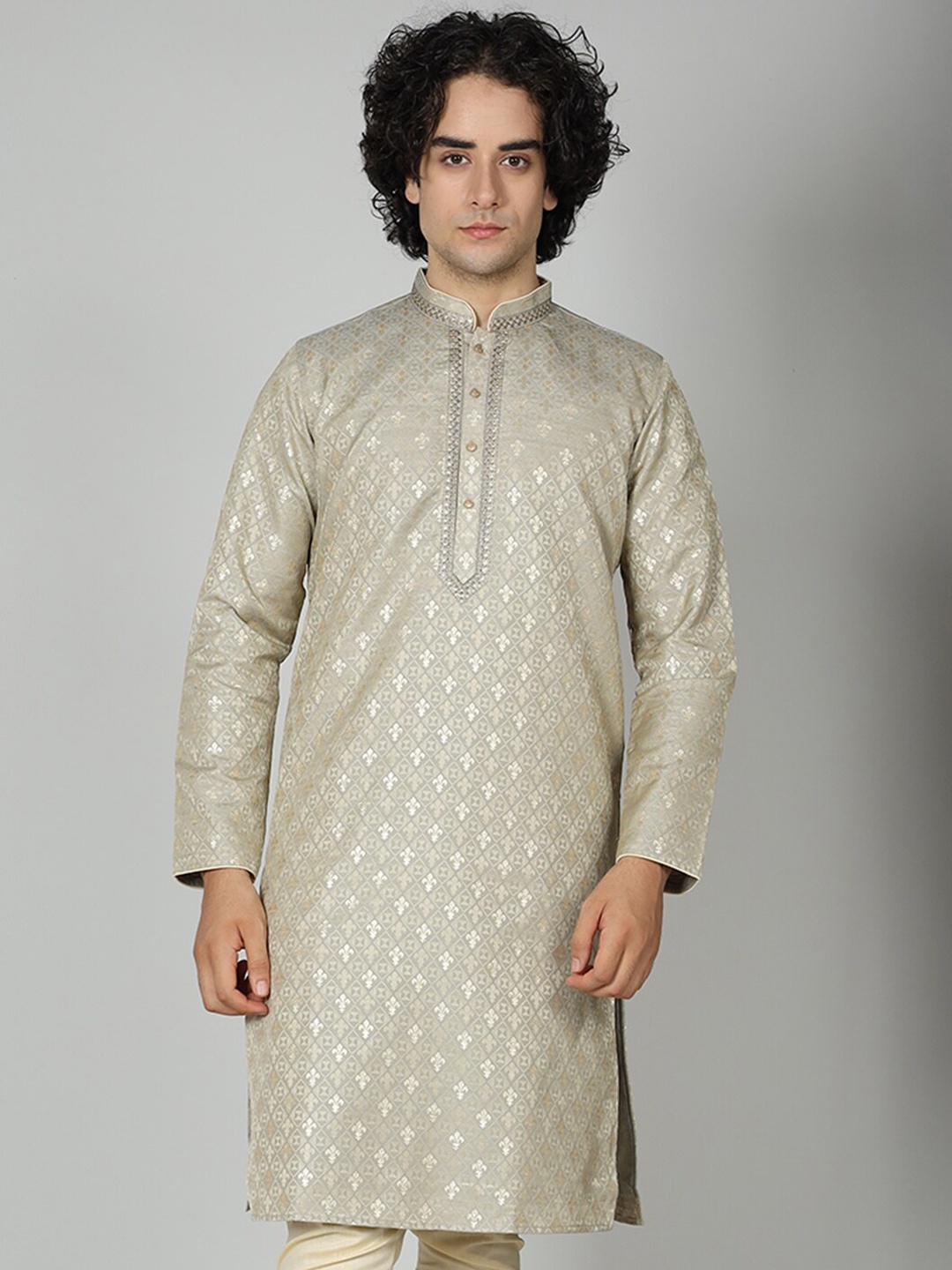 

MAAHI FABS Ethnic Motifs Woven Design Jacquard Straight Kurta, Grey