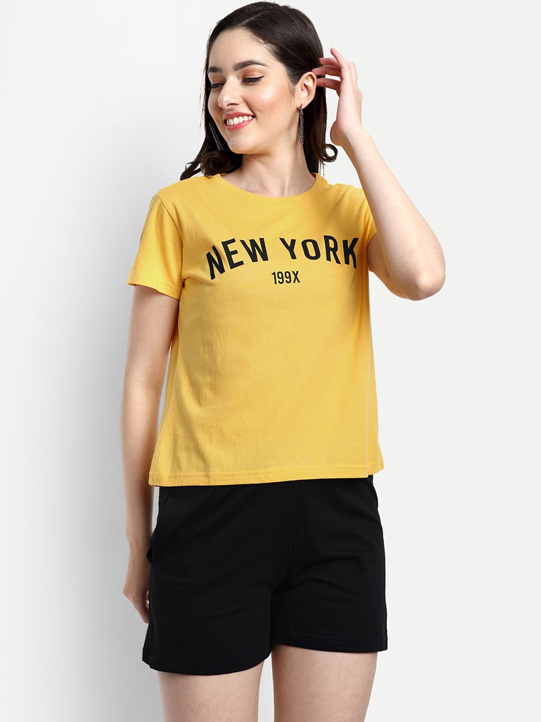 

VISO Typography Printed Round Neck T-Shirt & Shorts, Yellow