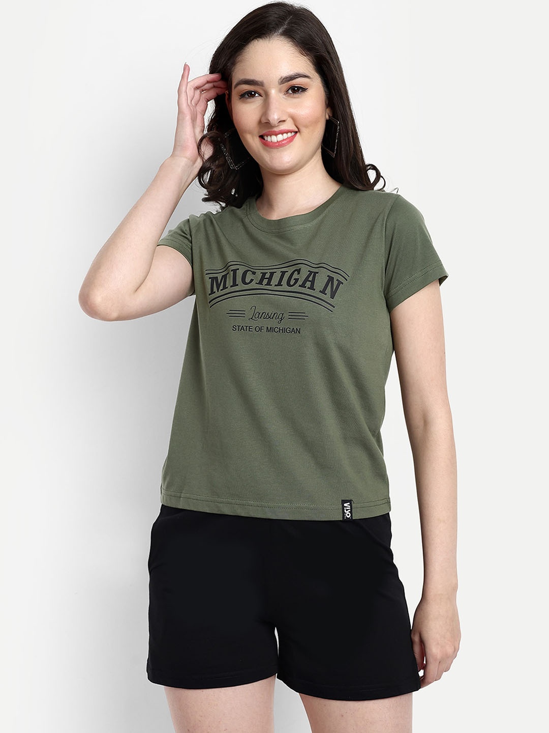 

VISO Typography Printed Round Neck T-Shirt & Shorts, Olive