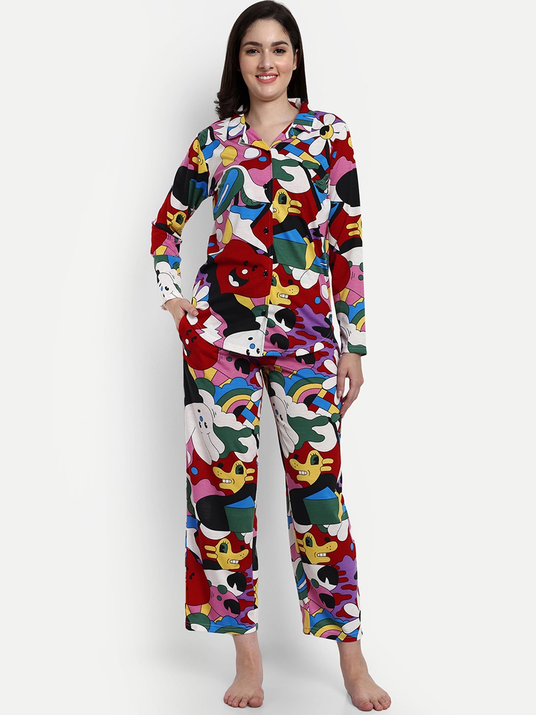 

VISO Graphic Printed Lapel Collar Shirt With Pyjama, Yellow