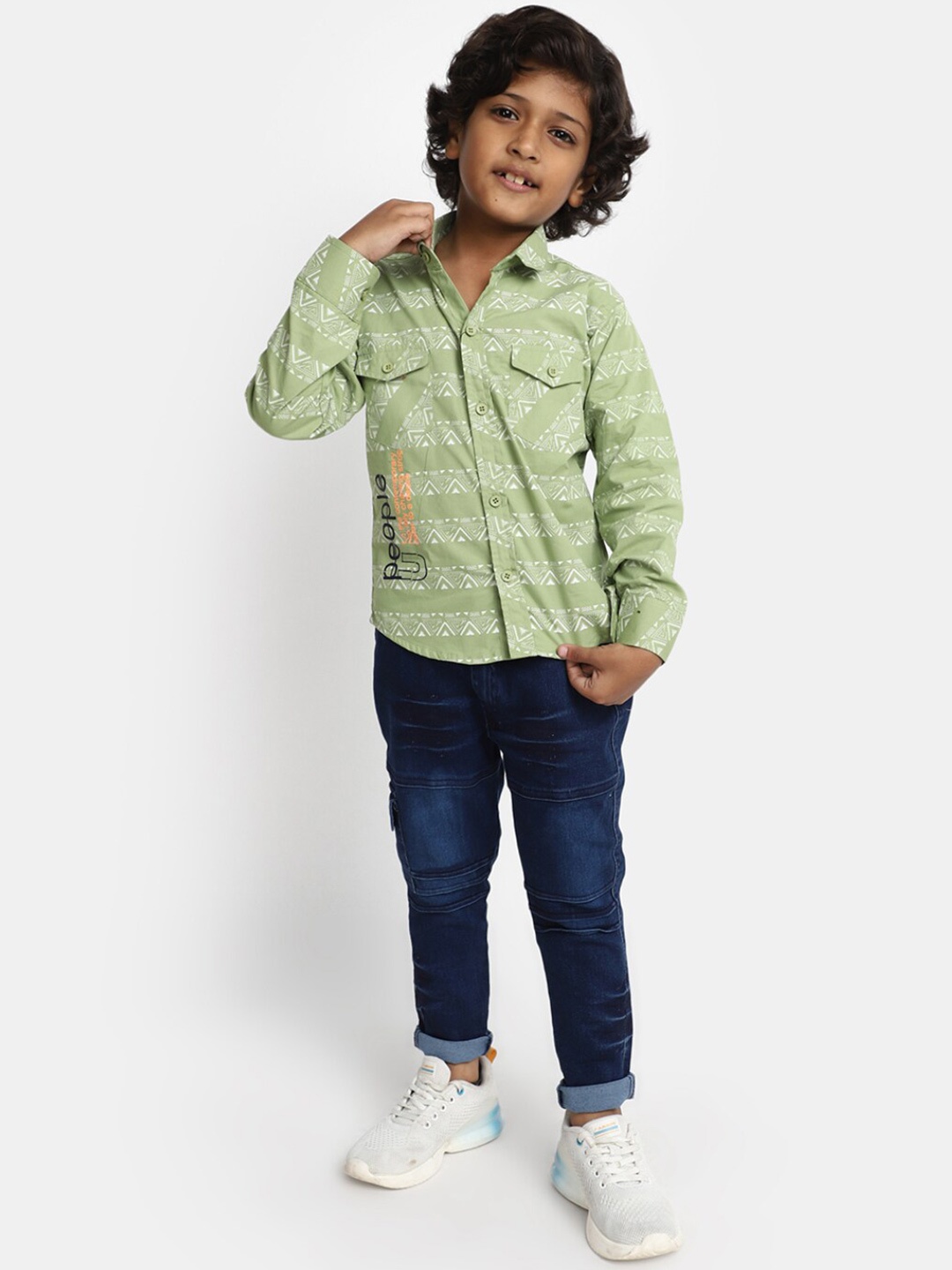 

V-Mart Unisex Kids Printed Spread Collar Pure Cotton Shirt with Trousers, Green