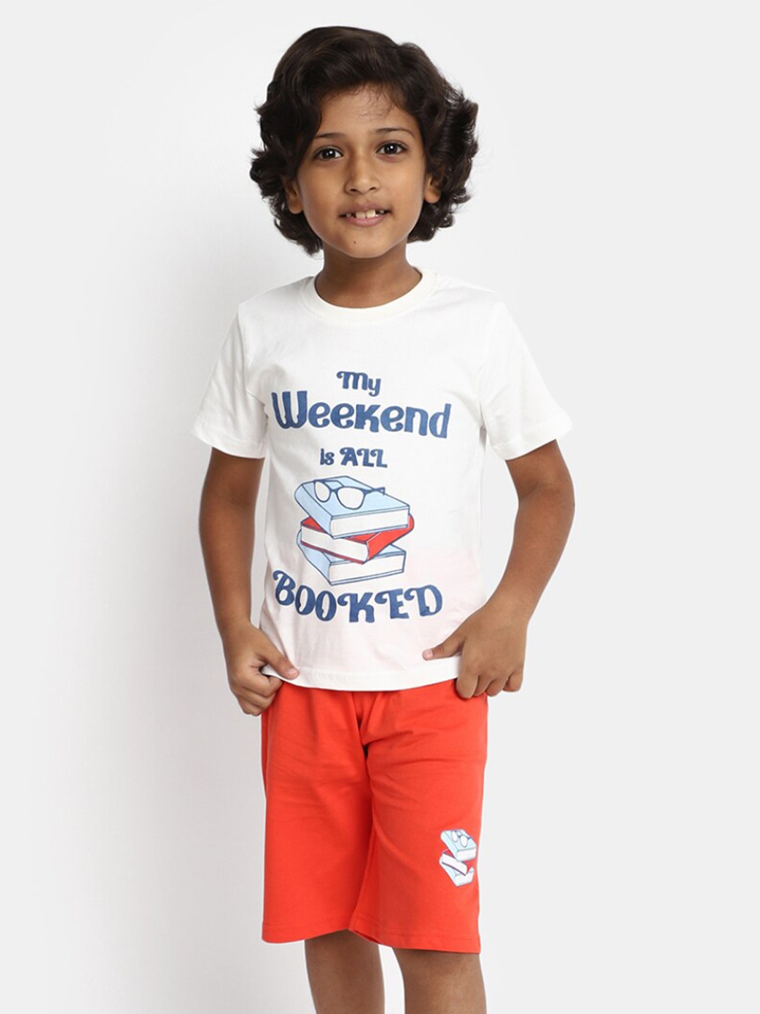 

V-Mart Boys Typography Printed Pure Cotton T-shirt with Shorts, Off white