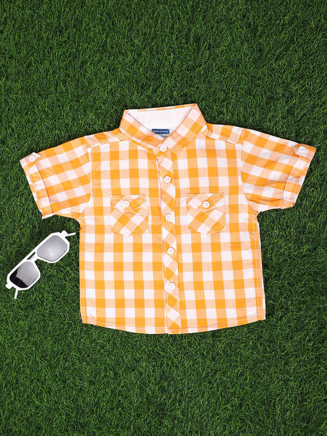 

V-Mart Infant Kids Gingham Checked Spread Collar Cotton Casual Shirt, Orange