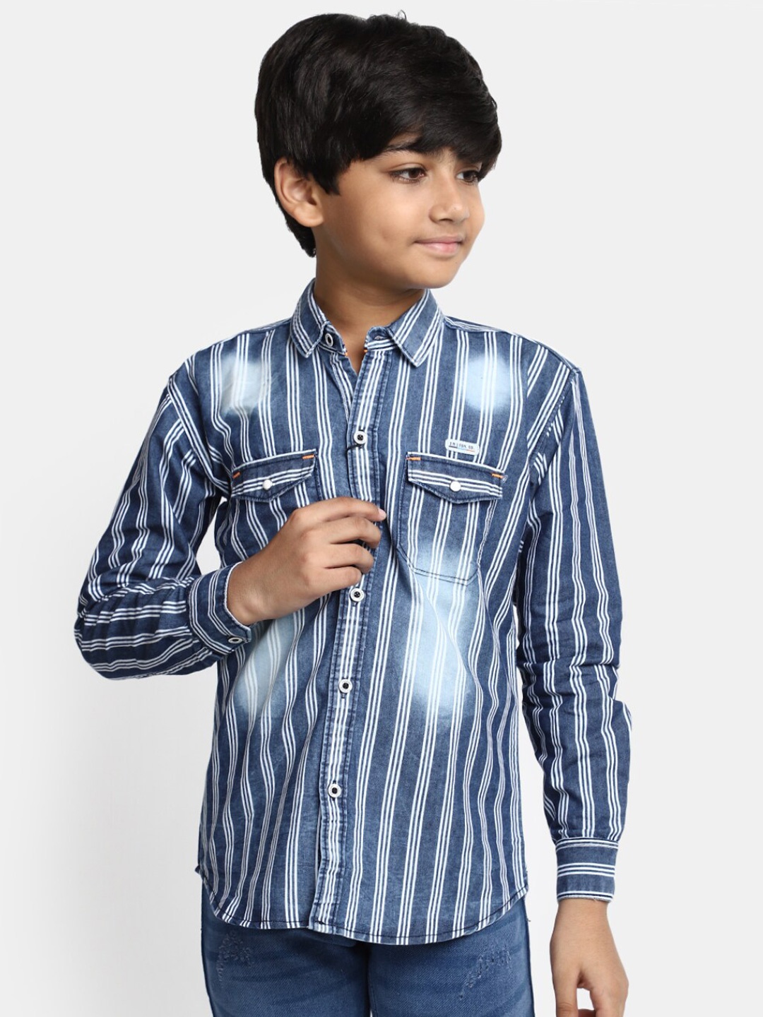 

V-Mart Boys Opaque Striped Cotton Casual Shirt, Blue