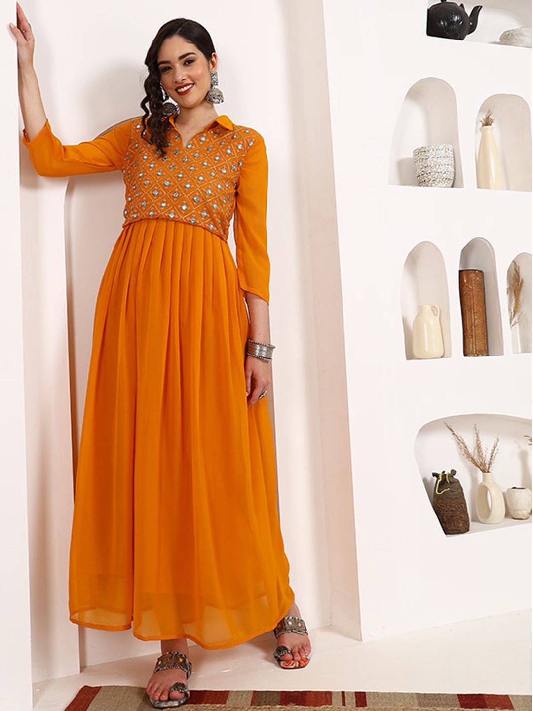 

Sangria Shirt Collar Yoke Embroidered Anarkali Kurta, Mustard