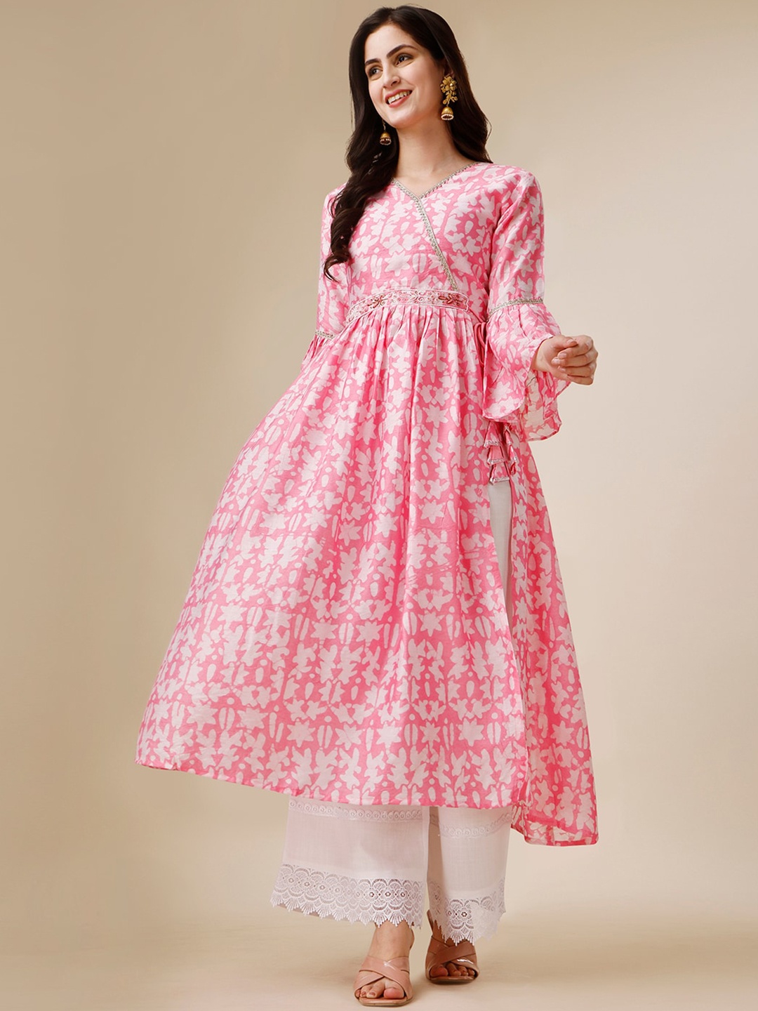 

Sangria Floral Printed V-Neck Chanderi Silk Angrakha Kurta, Pink