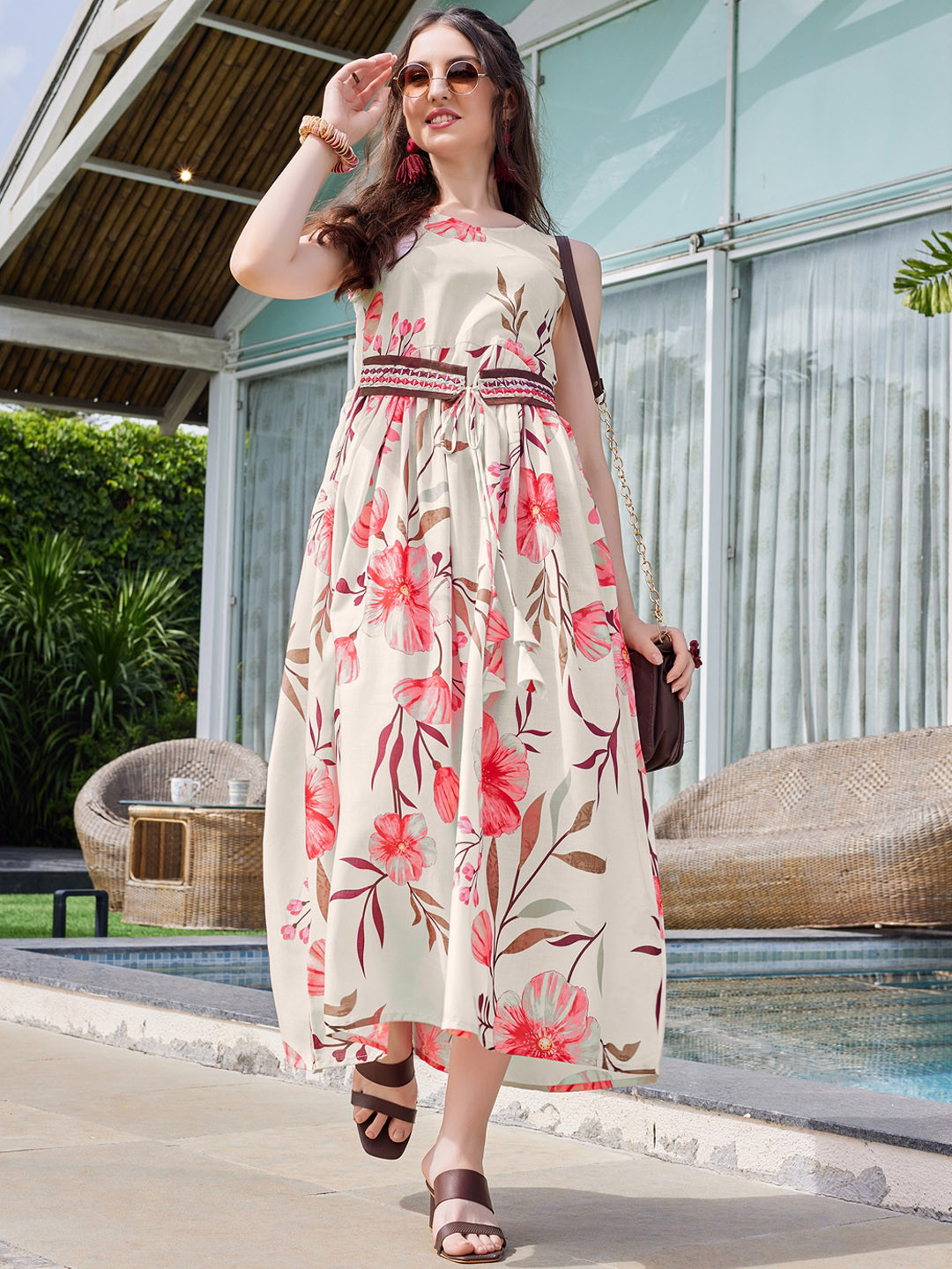 

Sangria Floral Printed A-Line Ethnic Dress, Peach