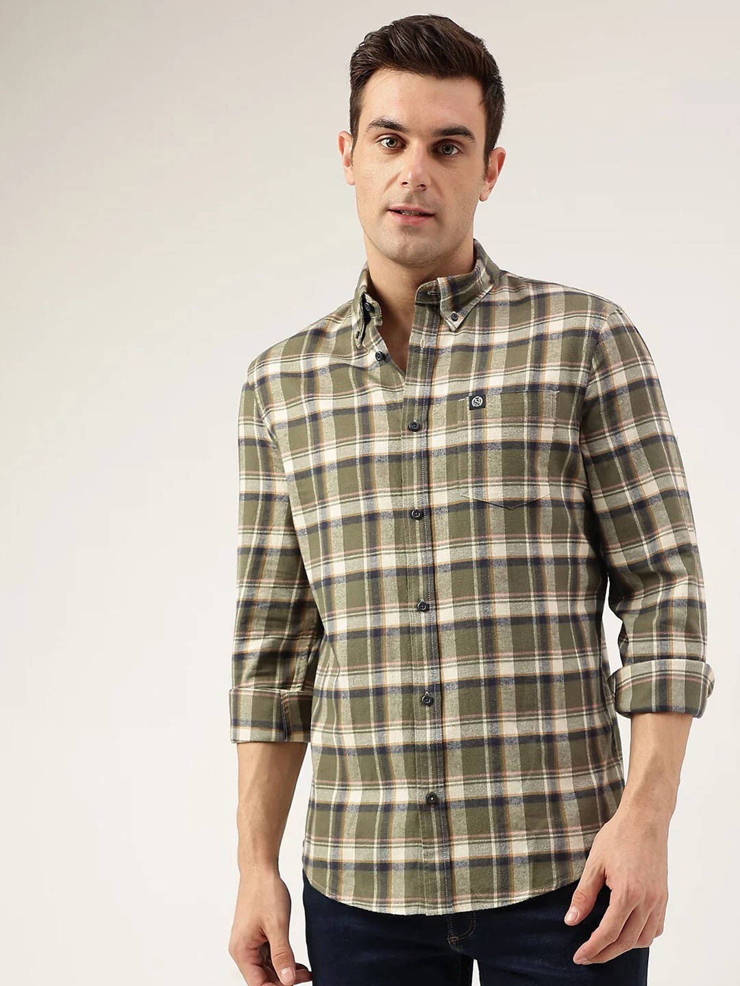 

Marks & Spencer Tartan Checked Button-Down Collar Casual Pure Cotton Shirt, Olive