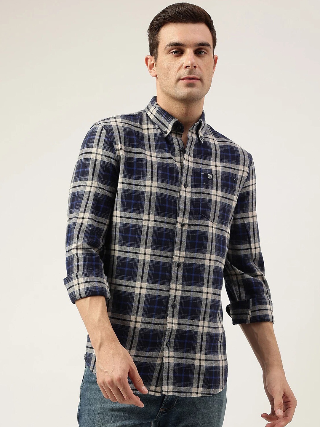 

Marks & Spencer Tartan Checked Button-Down Collar Casual Pure Cotton Shirt, Navy blue