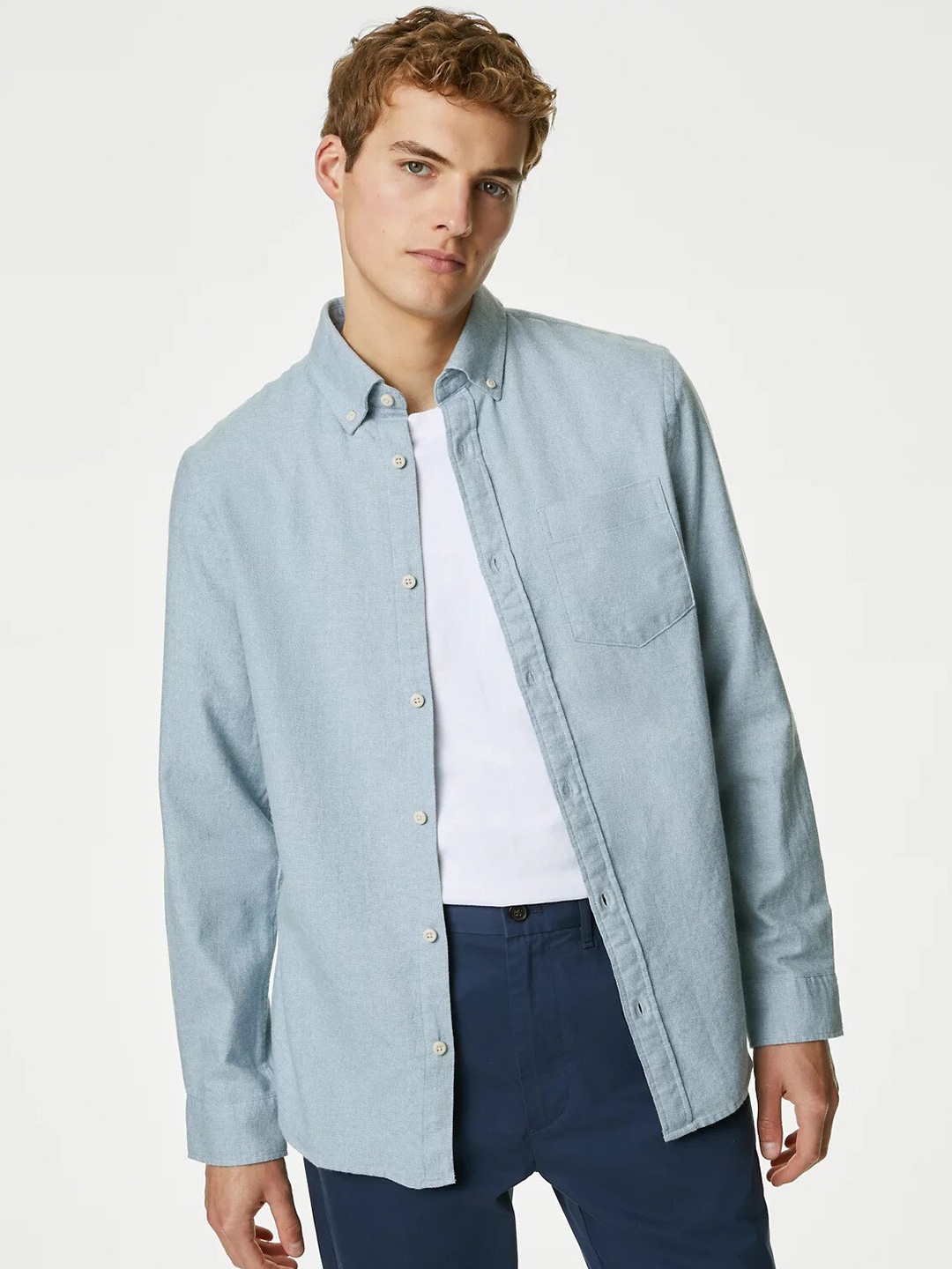

Marks & Spencer Button-Down Collar Casual Pure Cotton Shirt, Blue