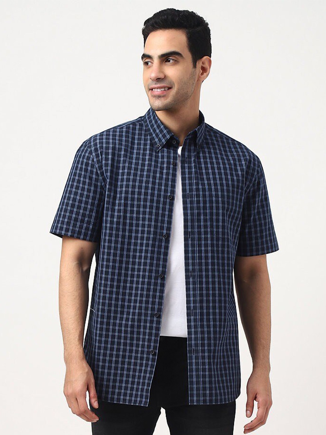 

Marks & Spencer Grid Tattersall Checked Button-Down Collar Casual Pure Cotton Shirt, Navy blue