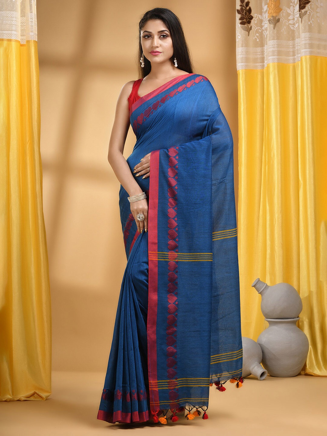 

DESH BIDESH Pure Cotton Handloom Taant Saree, Blue