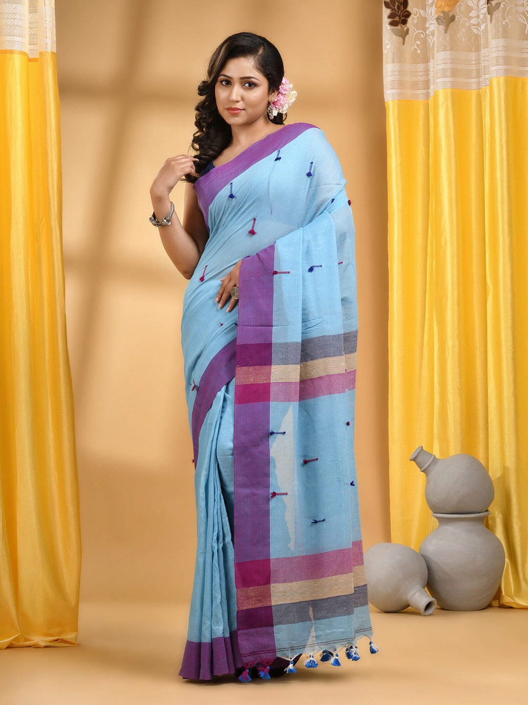 

DESH BIDESH Abstract Embroidered Pure Cotton Saree, Blue