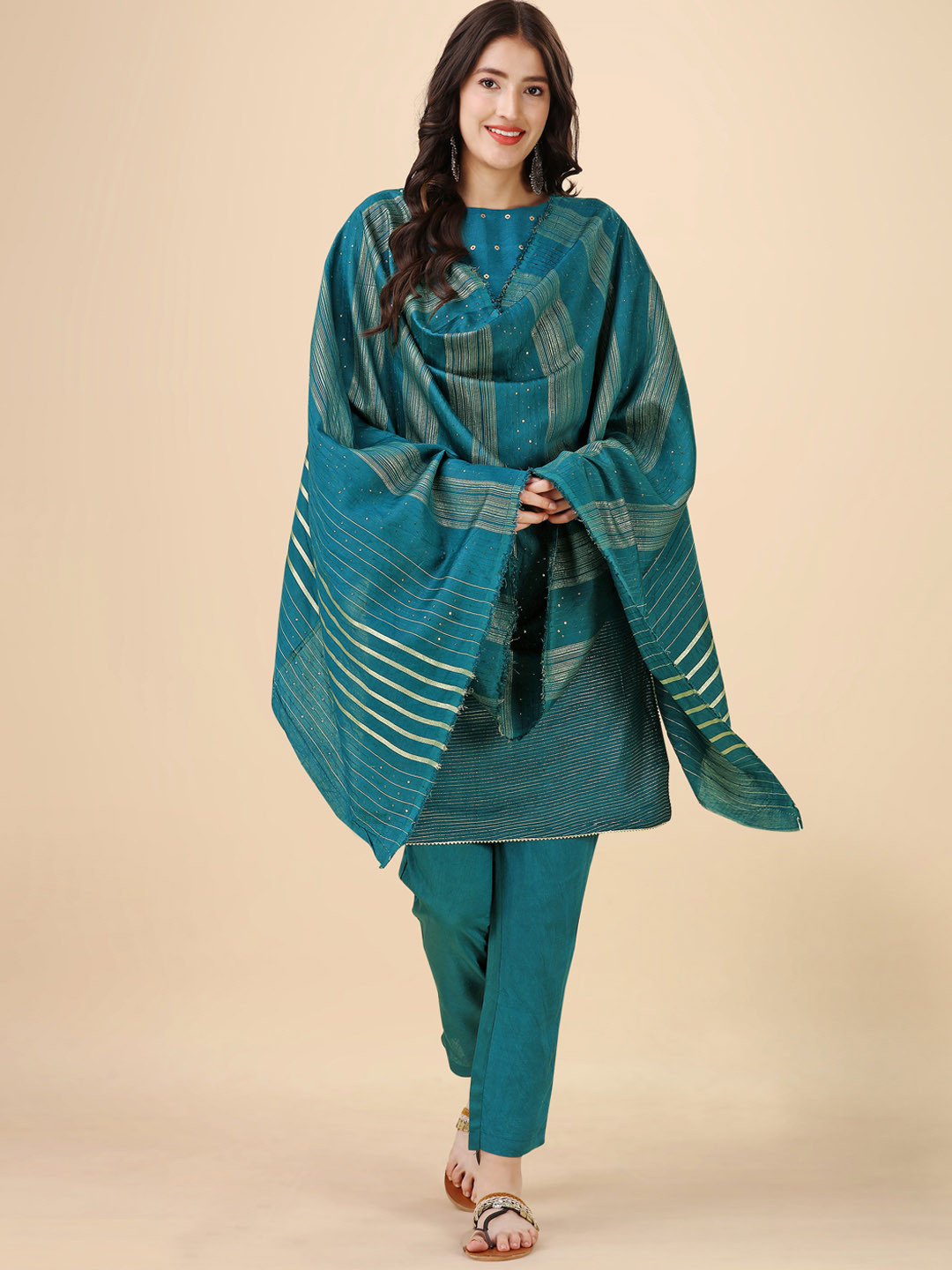 

Hinayat Fashion Floral Woven Design Regular Kurta With Trousers & Dupatta, Teal