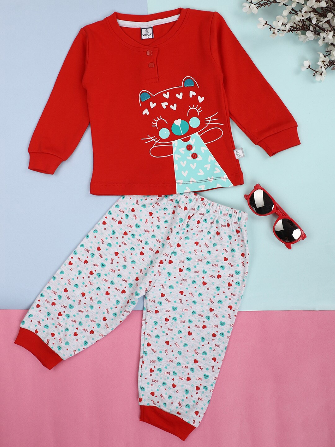 

V-Mart Infants Kids Conversational Printed Pure Cotton T-shirt With Trousers, Red