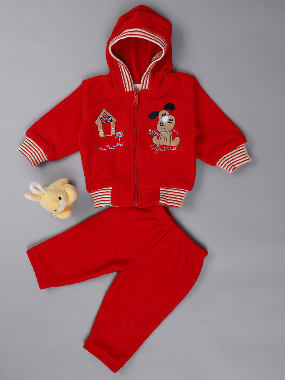 

V-Mart Infants Typography Printed Pure Cotton Hooded Coat & Trousers, Red